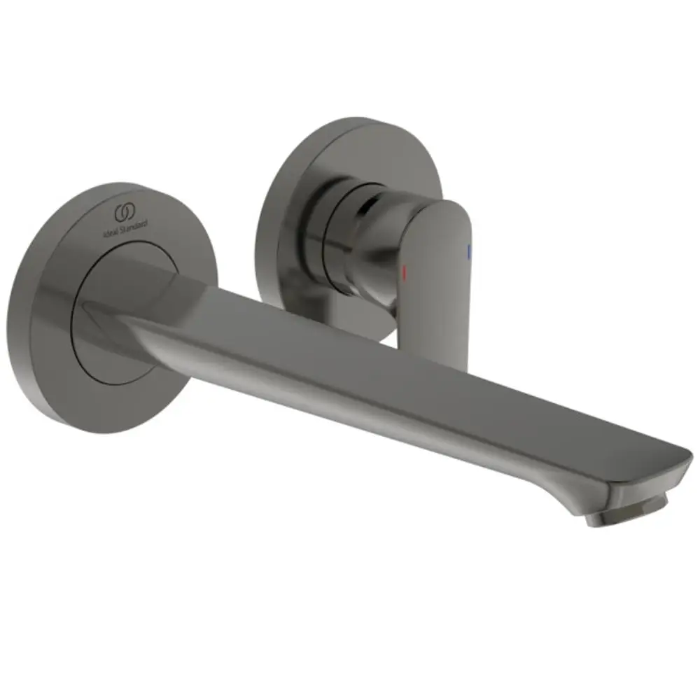 Wandarmatur in Magnetic Grey von Ideal Standard, mit schlanker Auslaufform, zwei Temperaturanzeigen und runder Wandbefestigung.